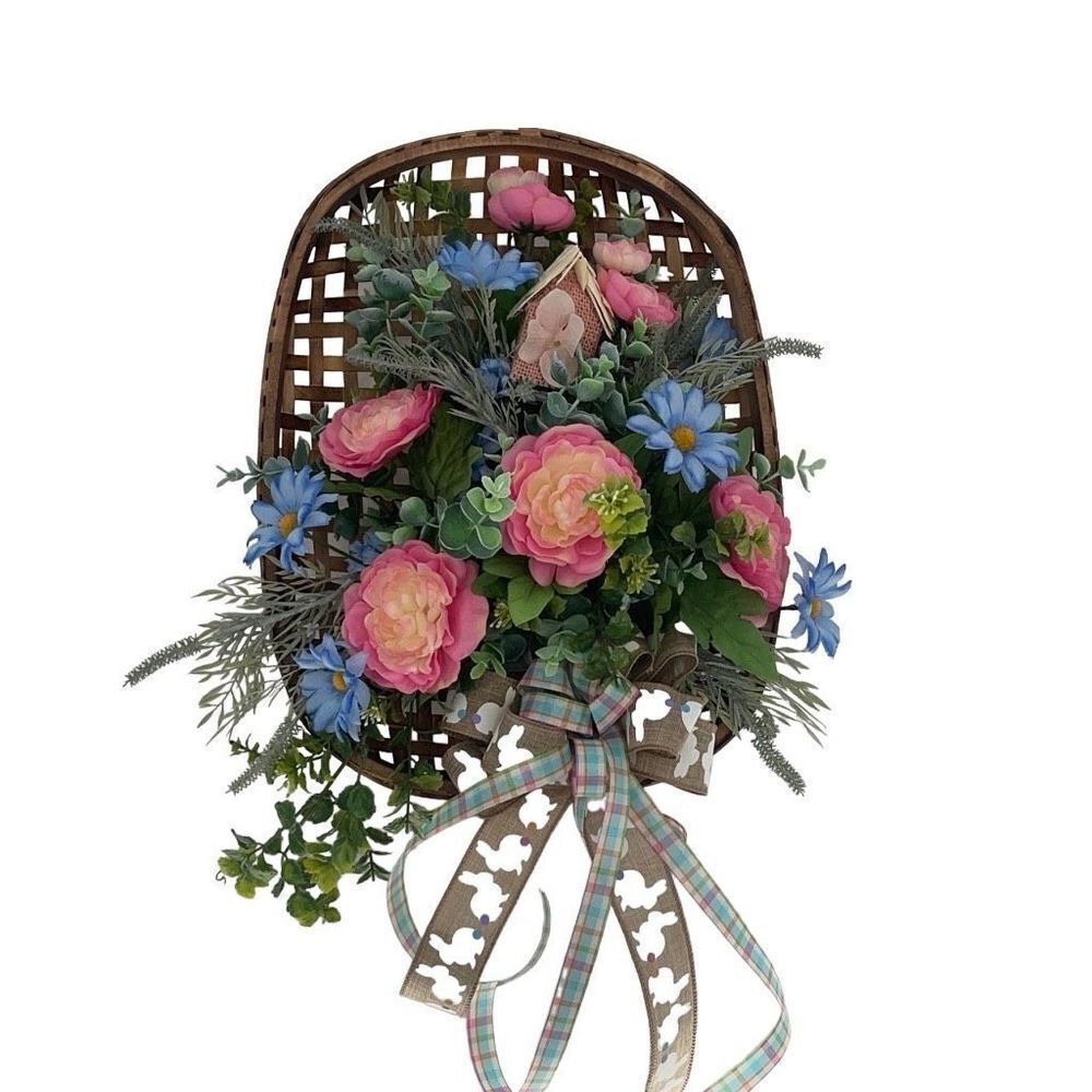 Floral Spring Easter Tobacco Basket Wall Door Decoration Handmade by Me New Pink